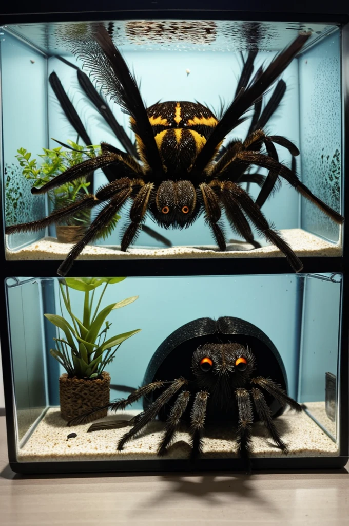 The mixture of a common bird and a dark tarantula with a lot of hair inside a rectangular fish tank on a laboratory table. 