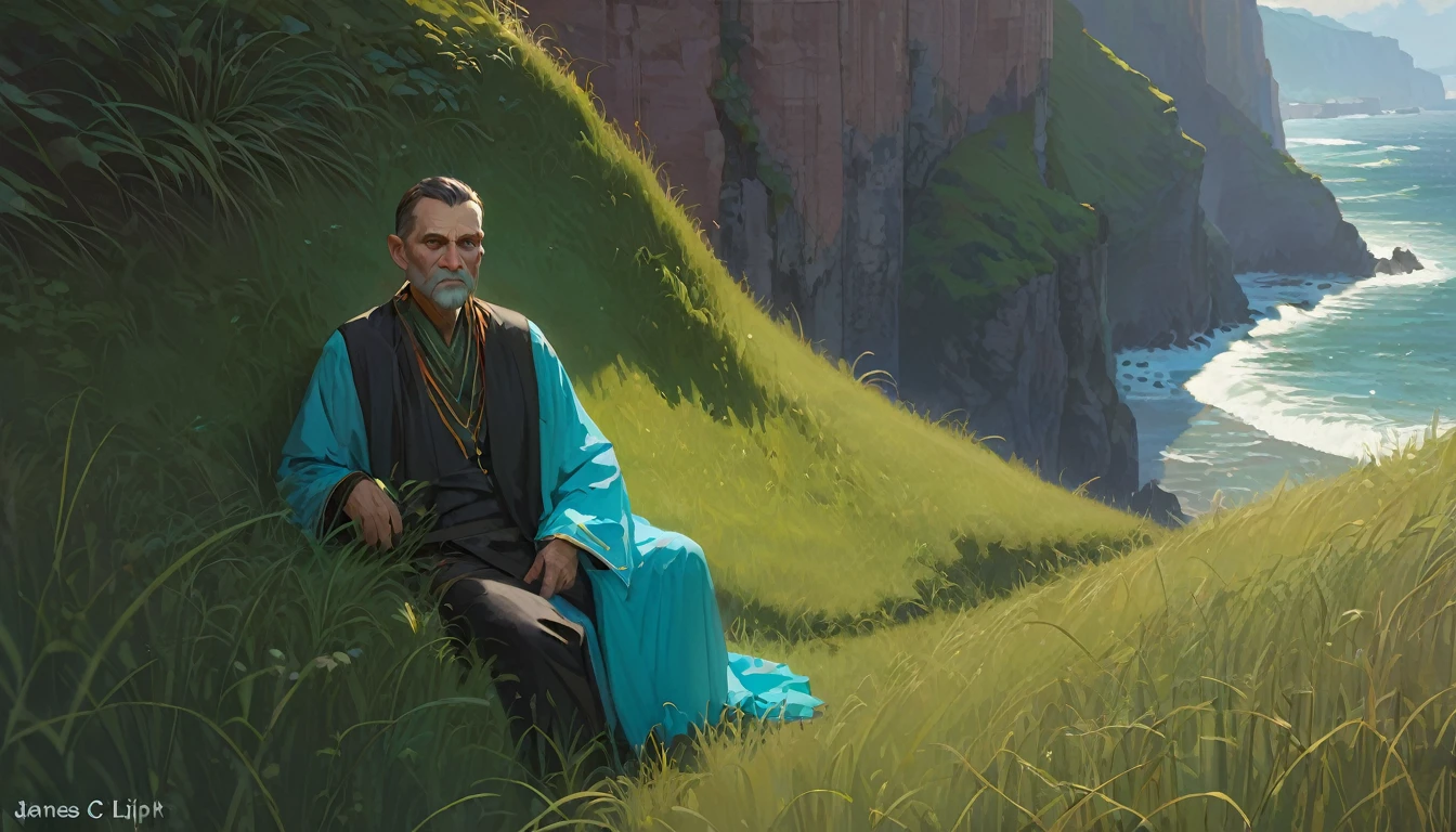 cliff, (((Evil))), Detailed face, Trending on Art Station, Grass, (masterpiece:1), High resolution. by (James C. Christensen:1.2|Jeremy Lipking:1.1), ((cyan light)), Hilarious, ,