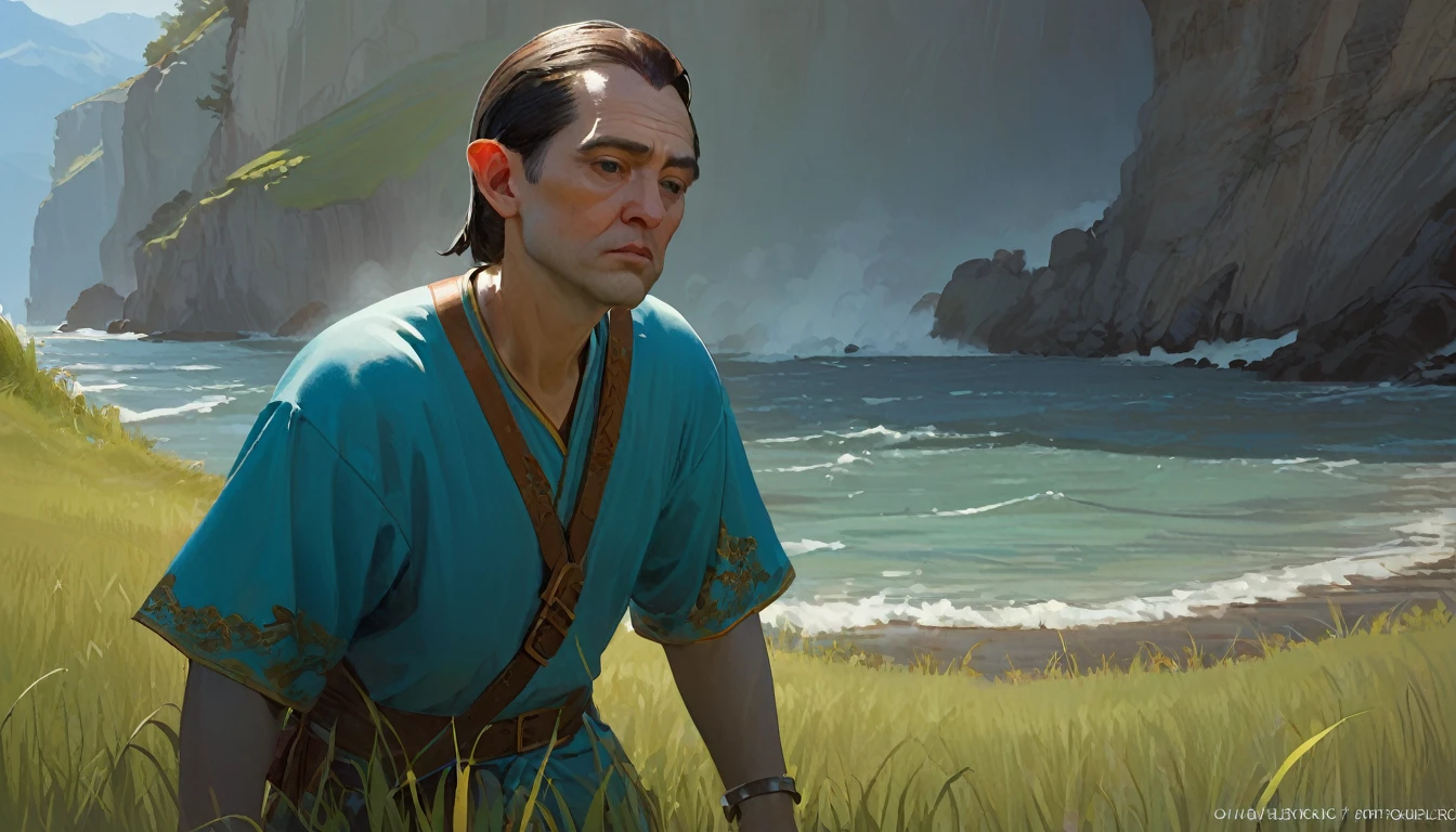 cliff, (((Evil))), Detailed face, Trending on Art Station, Grass, (masterpiece:1), High resolution. by (James C. Christensen:1.2|Jeremy Lipking:1.1), ((cyan light)), Hilarious, ,