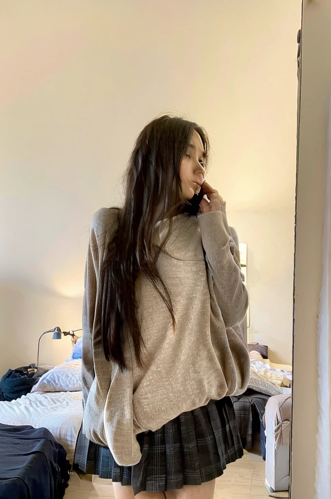 A beautiful girl, long flowing hair, flushed cheeks, excitement in her eyes, a hint of lust, her breath slightly quickened, delicate features, a short skirt revealing her long legs, standing in a cozy room, a bed in the background, partially undressed, masterpiece, photorealistic, 8k, hyper detailed, warm lighting, cinematic composition, vibrant colors, dramatic contrast