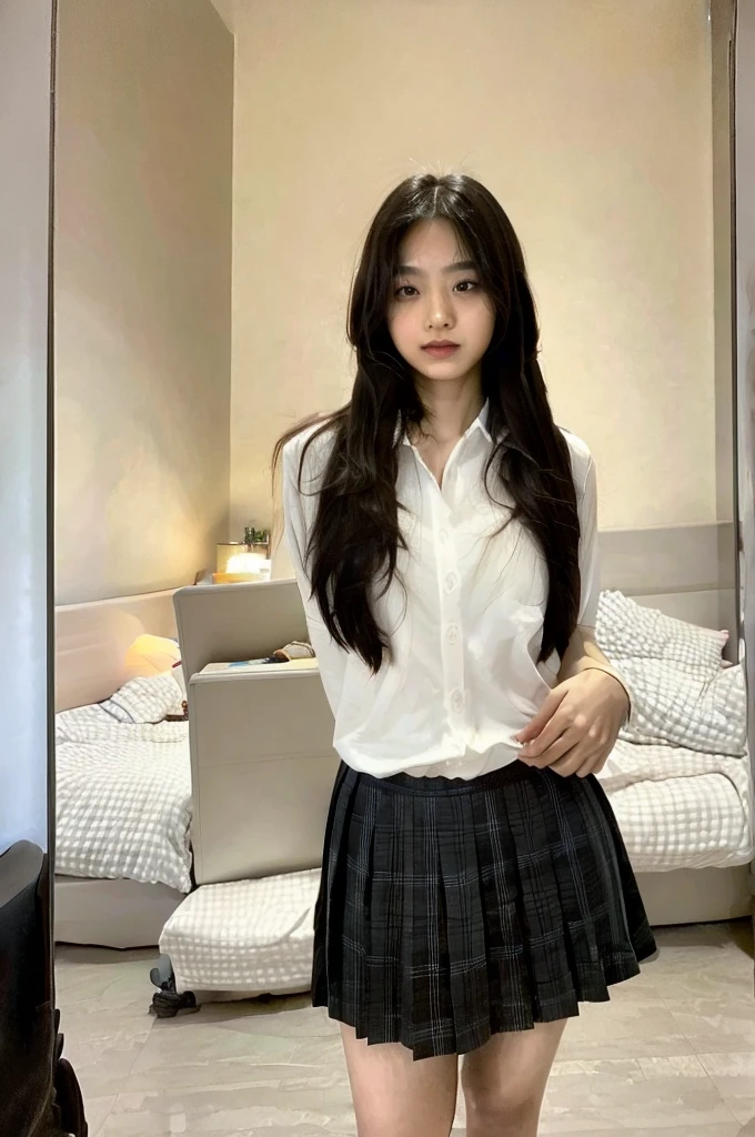 A beautiful girl, long flowing hair, flushed cheeks, excitement in her eyes, a hint of lust, her breath slightly quickened, delicate features, a short skirt revealing her long legs, standing in a cozy room, a bed in the background, partially undressed, masterpiece, photorealistic, 8k, hyper detailed, warm lighting, cinematic composition, vibrant colors, dramatic contrast