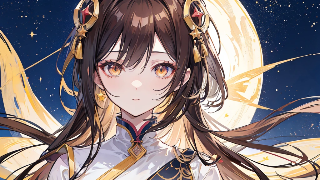 （（Anime Woman）），（gold colored hanfu clothing），( ( golden colored in the right eye) ) ( (dark gray eye in the left eye) ) ( ( star-shaped pupil in the left eye) ), ( ( dark brown hair in the half right side of hair) ), ( (light brown hair in the half left side of hair ) ), ( (split dyed hair ) ) Cangcang, style of anime4 K, detailed portrait of an anime woman, a beautiful anime portrait, Stunning anime half body portrait, portrait anime woman,, 4K anime wallpaper, Anime art wallpaper 8 K, Portrait of an anime woman, star shaped eye pupil, white colored eye pupil——Anime woman half body, standing
