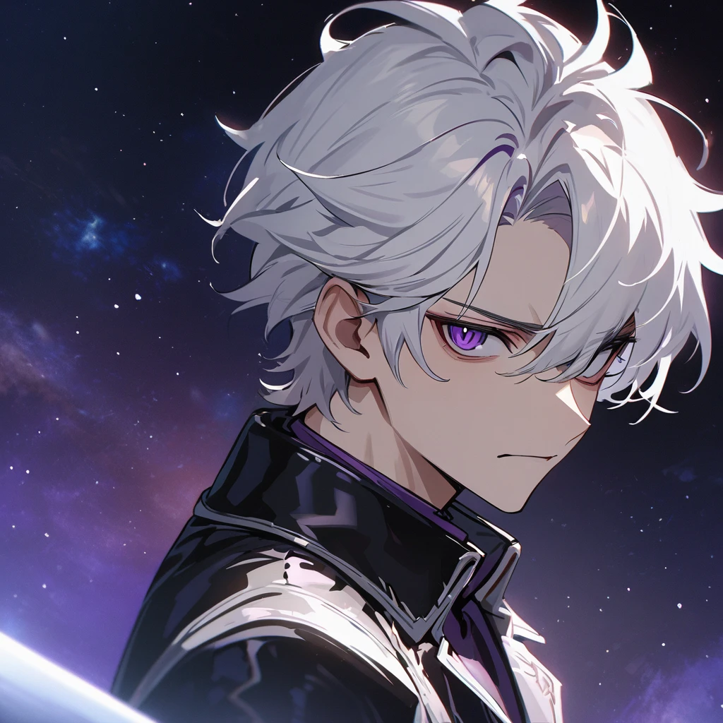 High quality, HD, 4k, handsome male, 1male, 17 years old, teenager, golden lining, short white hair, sharp eyes, dark purple eyes, deep purple eyes, devil may cry, close up, calm expression, stoic expression, black leather clothes, white leather clothing, lean body, upper body, looking at viewer, cowboy shot, white solar, space background