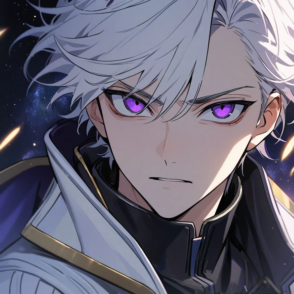 High quality, HD, 4k, handsome male, 1male, , teenager, go lining, short white hair, sharp eyes, dark purple eyes, deep purple eyes, devil may cry, close up, calm expression, stoic expression, black leather clothes, white leather clothing, lean body, upper body, looking at viewer, cowboy shot, white solar, space background