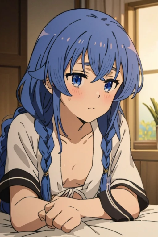 (masterpiece, best quality), music, 1 girl, solitary, Shy, blush, Double braid, long hair, Blue Hair, garlic,  blue eyes, indoors, Lying in bed, Small Breasts,  Everlasting,  looking at the audience, Barefoot，Those who don't wear shoes，