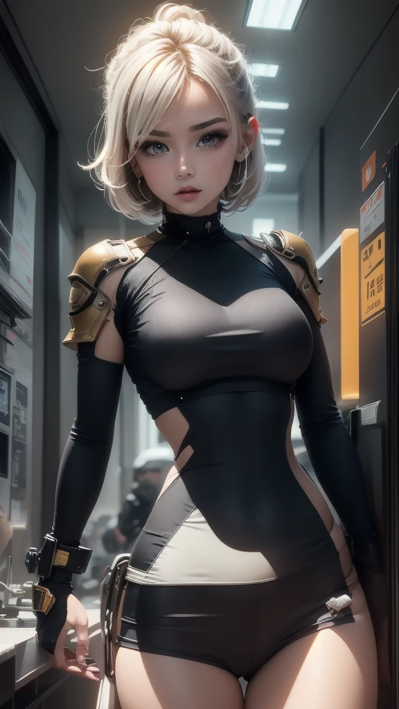 Beautiful woman, short spandex pants, too short top, chibi