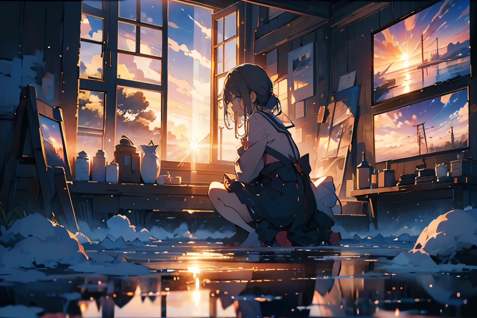 sunset, window,Sitting, girl, 大きなwindow, windowから海が見える, windowから地平線が見える,