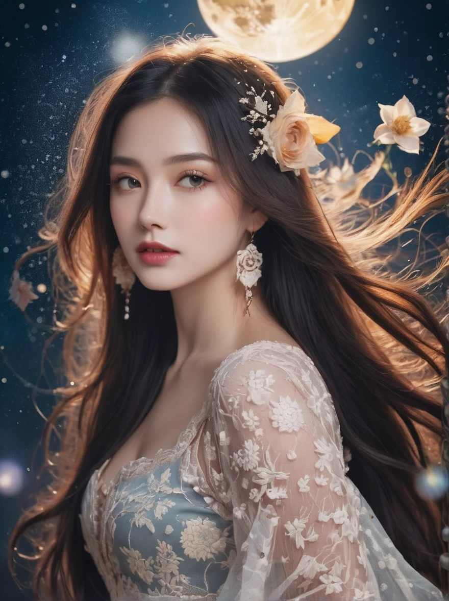 maiden in a lace floral dress long hair water drops dawn stars moon sun