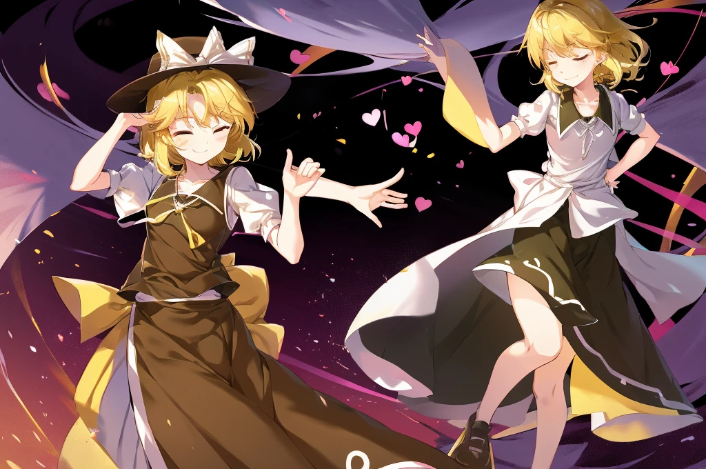 1girl, , , masterpiece, best quality, , medium blonde hair, forehead visible bags, yellow eyes, hat, heart, black headwear, puffy short sleeves, log black skirt, heart hads,,1girl, solo, yellow eyes, yellow hair, bow, hat bow, socks, black footwear, black skirt, short sleeves, yuki (touhou), black vest, white sleeves, frill skirt, light smile, from behind, to lift up one’s skirt, cowboy shot, from front, standing , raise one leg, crossed arms, arms up behind, arms behind back, hand between legs, put hands hip, one hand on hip, forward hands, arms raised in the air, punch hands, peace sign, waving, put up index finger, sit, lie down, closed eyes, lie face down, looking back, put one hand chest, leaning forward, cleavage, close up, horizontally outstretched arms, horizontally outstretched legs, front view, front face