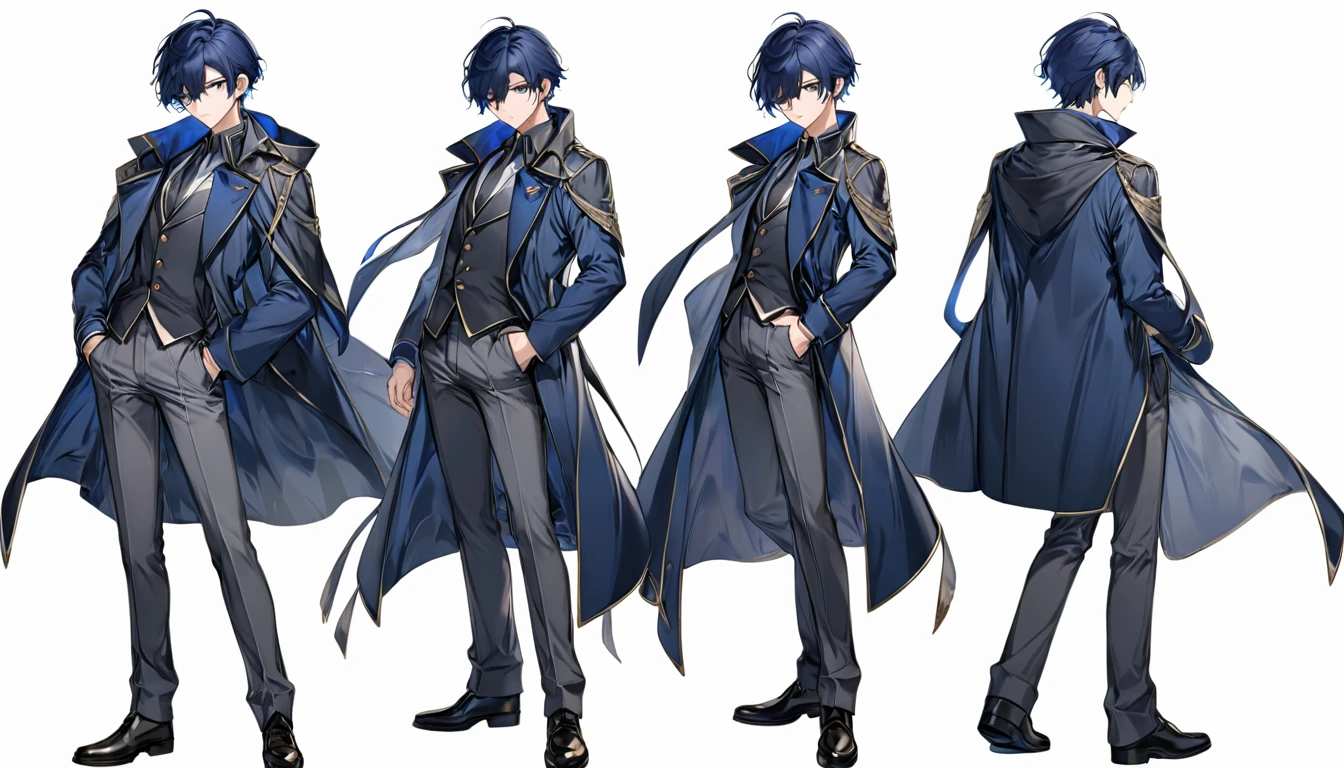 Male, anime, hero, dark blue coat, short blue hair,standing pose, no background , high quality, dark grey pants