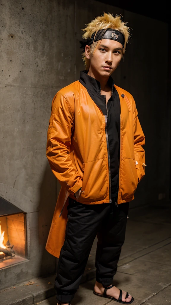 Create a realistic live-action image of Naruto Uzumaki. Naruto is a young ninja around , with spiky blond hair. He wears a black headband with a metal plate that has a leaf symbol. His face has whisker-like marks. Naruto is dressed in an orange jacket with black details and a central zipper, orange pants, and black ninja sandals that expose his toes. He is standing with his arms crossed, in a confident and determined pose.