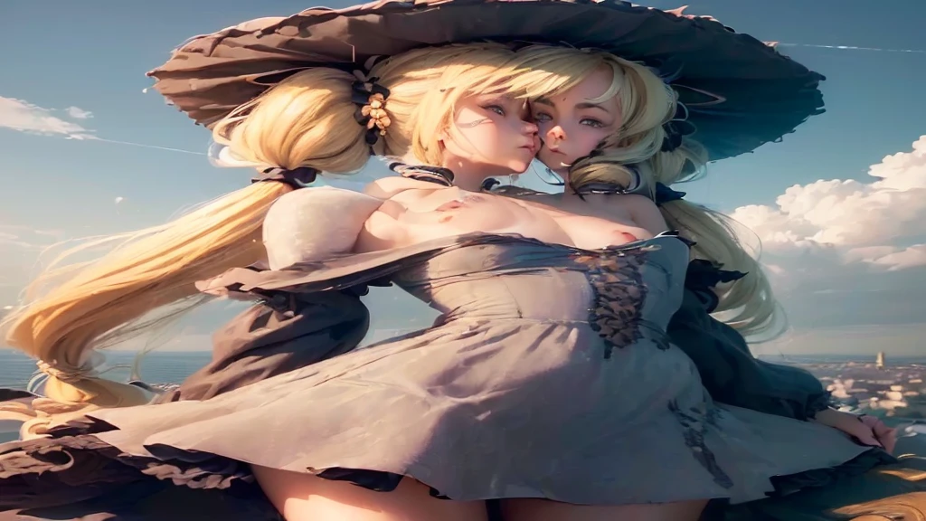 ((((hyperdetailed face, Perfect face and nice perfect face)))),( hight resolution, ultra-detailliert), (((((two lesbo girl with long hair blonde twin tails)))),((stratosphere))) 2 lesbian girls ((naked full body))kissing on the bed