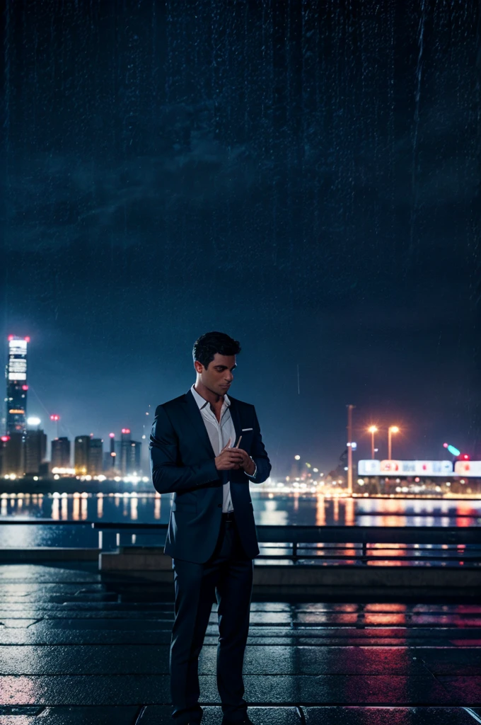 It's night time, it's raining, the lights are on, the city is in the background, and there's a smart guy standing with a love in his hand - 4K Ultra realistic