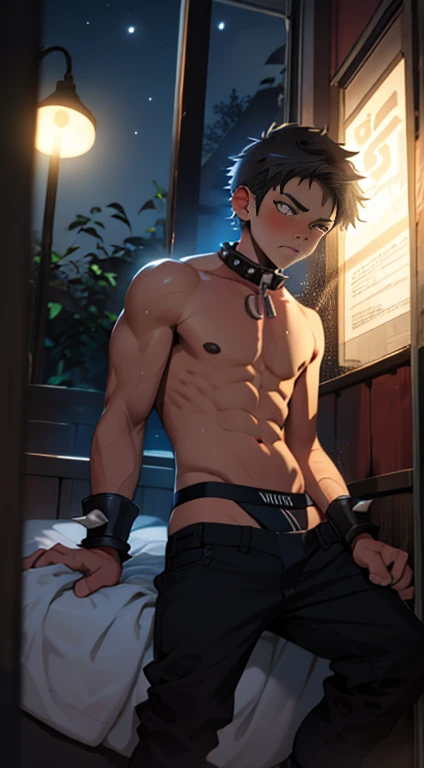 (masterpiece, Best Quality),The whole body of boy,(e boy),Peter Pan from Disney, teenager face,Body tilt,smooth and delicate skin,Short square face,Surprised expression,infancy,young age,well-muscled,with an intricate,nakeness,(backbone:1.2),the night,vivd colour,(depth of fields:1.2),Raised sexy, restrained arm,bed room, youthful, imminent sex, thong, Femboy leather thigh high socks, shirtless, blushing, nervous, intimate lighting, night, quiet cityscape in window, leather black spiked collar, slave cuffs, slave collar, waiting impatiently, slutty, dramatic lighting, dark light