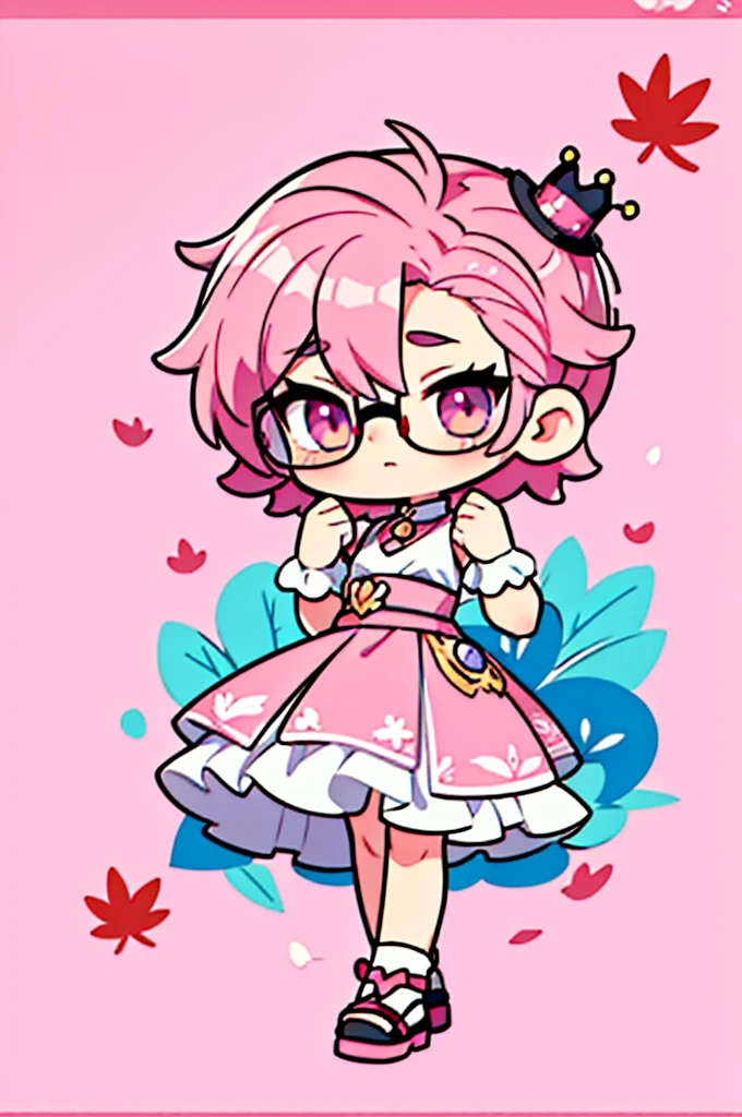1 person , man ,Short haircut ,cartoon girl with pink hair and glasses wearing a crown, ((pink)), Official fan art, The delicate androgynous prince, anime moe art style, beautiful androgynous prince, cute art style, Chibi style, 🍁 cute, Kawaii Chibi, ❤🔥🍄🌪, Chibi Art, Fan Art Demon Slayer Rui, cute character, Maple character art, High quality fan art