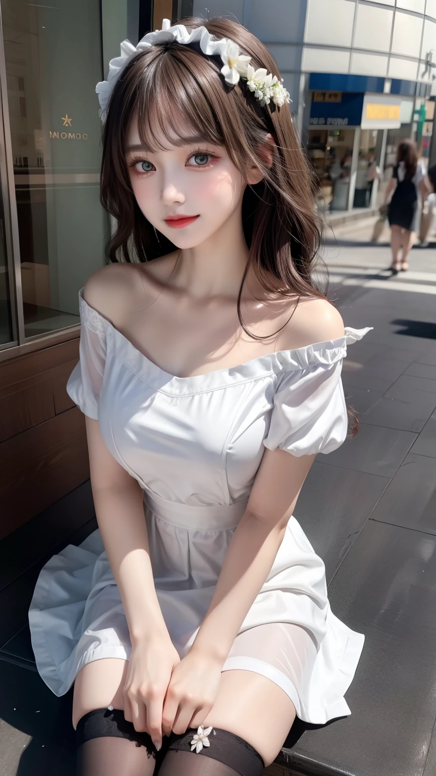 1girll、Masterpiece Mastepiece, Best Quality, Illustration, Ultra-detailed, finely detail, hight resolution, high-level image quality、8K Wallpaper, a Korean girl、韓国アイドル、Perfect dynamic composition, Beautiful detailed eyes, Random Dresses,Medium Hair, cleavage of the breast, Natural Color Lip, Random and sexy poses,Beautiful skin、Smile,Street Walk、20 years girl