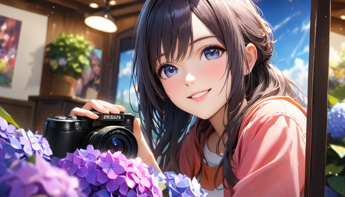 Hydrangea Park, Cute casual clothes,I have a mirrorless camera,Blur the background,High school girls,ponytail,smile,Glitter effect,highest quality, 4K, 8k, High resolution, masterpiece:1.2, Very detailed, Realistic:1.37, High resolution, 超High resolution, Ultra-fine painting, Sharp focus, Physically Based Rendering, Very detailedな説明, Professional, Vibrant colors