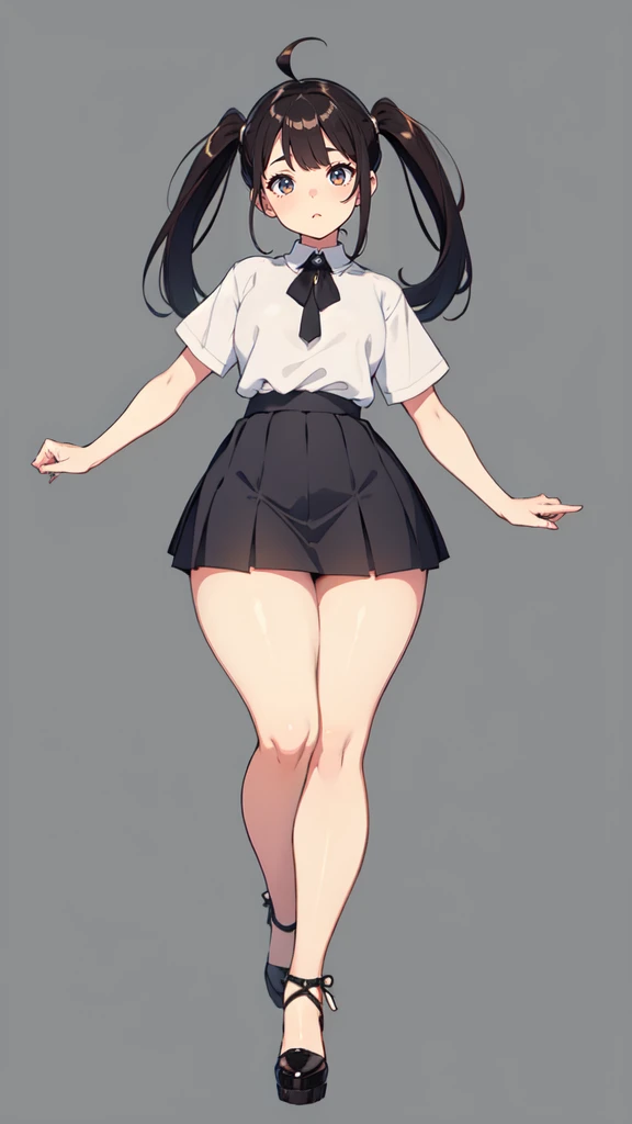 blank background, (((full body))), (masterpiece), ((best quality)), (very short girl), flat chest, short twintail, wide hips:1.8, (thick thighs:1.5), (very short skirt), toeless footwear