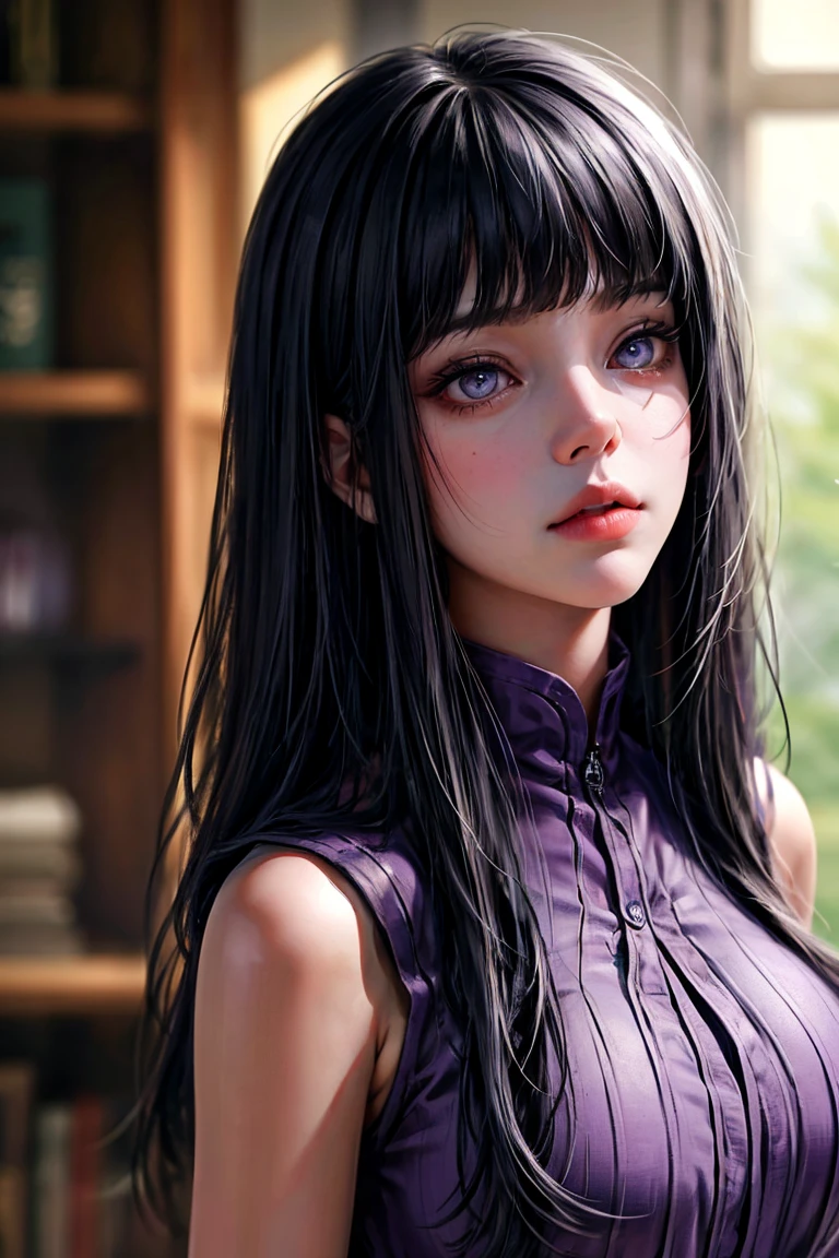 1girl, close up of face, adult, Hinata Hyuga, the last, shy girl, long black hair, blunt bangs, dark hair, Voluminous hair, lavender eyes, no pupils, Lavender Sleeveless Blouse, big breasts, slim waist, masterpiece, best quality, Professional, realistic.