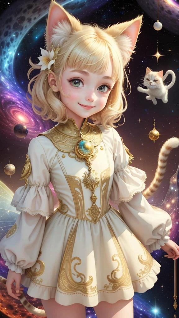 1 girl, front, face up, space background, ivory gold, psychedelic magic, cat, fairy, clean, bright, smiling, god