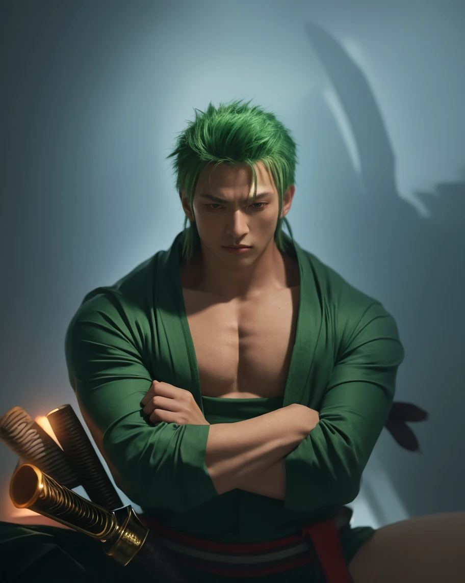 best quality,masterpiece, green haired Rononoa Zoro,Ultra high detail,A handsome hunky muscular, in action