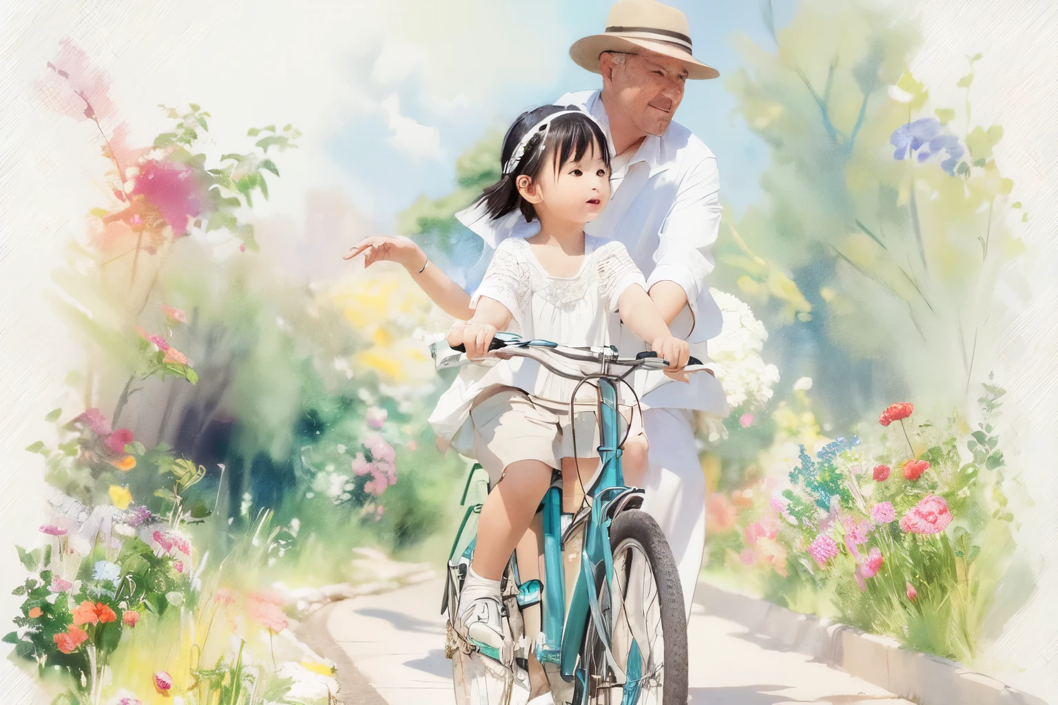 (Highest quality、masterpiece)、(5 year old girl riding a bicycle)、(Assisting Dad:1.2)、(Children's bicycles、whole)、(From the side)、(Cute Face)、short hair、White clothes、shoes、(No background)、White Background、Blur the background、(Watercolor of singer Sargent)、Impressionist style painting、