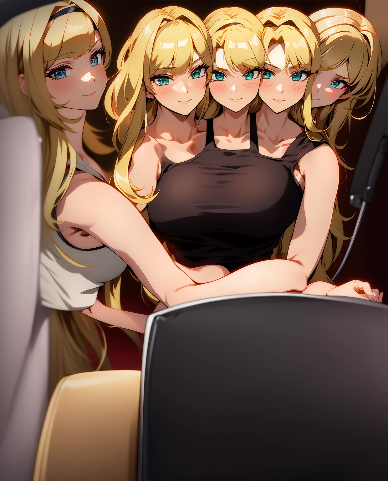 best quality, (masterpiece),(ultra-detailed), (high quality), (high resolution), ((3heads:1.5)), best quality:1.5, highres, UHD, 16K), smiling, highres, masterpiece, ((blonde hair)), (long hair), blushing, ((cinematic particles)), cowboy shot, ((top tank top)), green shorts, sharp looking eyes,, headband