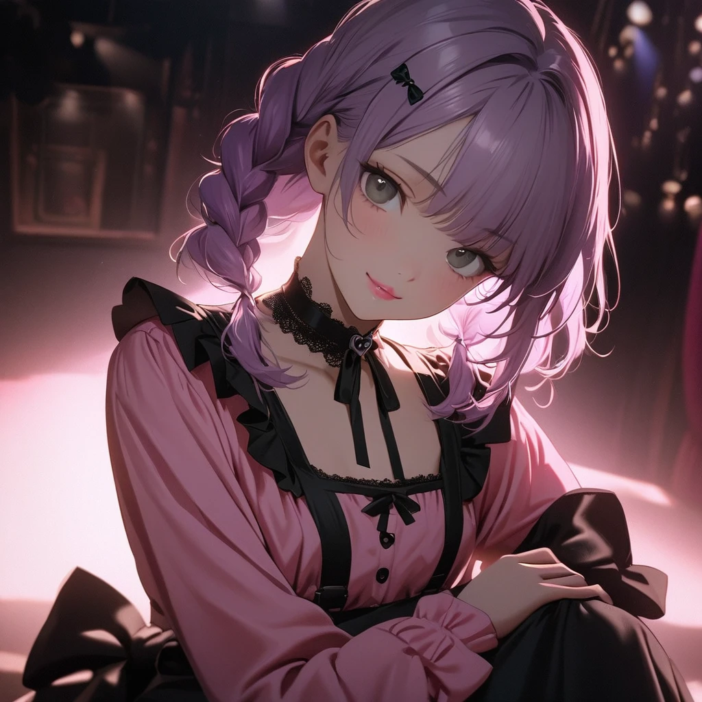 (Cute a girl:1.5), (a girl with closs hair pin,pale purple hair,wavy two braids,bluntbangs hair,green and black eyes,
pink shirt,cosplay, jirai kei, bangs, black skirt, black bow, looking at viewer, bow, long sleeves, choker, ribbon,pink lips, :1.4),(masterpiece:1.3), anime visual, (Lovey-dovey:1.5), (tilt head:1.3), extremely delicate face, soft clean focus, realistic lighting and shading, (an extremely delicate and beautiful art:1.3), elegant, (muted colors:1.1), small breast,slim,The Moulin Rouge in Paris, mysterious pink light, a slightly dark room,look at viewer,smiling,morning lit,