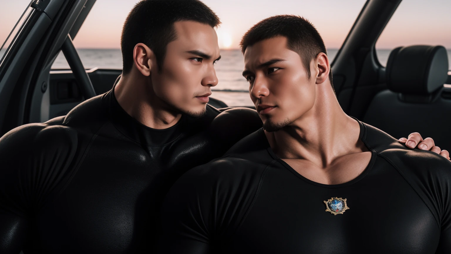 Super muscular man hugging, Open your mouth and scream,Look at each other affectionately,They embrace affectionately,Sit on a soft inflatable floating raft,Beach under the scorching sun, Wear a long-sleeved, deep-layered high-necked wetsuit, Thickened warm elastic texture,Beach by the sea,beautiful landscape,The expression is arrogant, Thick thighs, messy hair, Thick thighs, High-necked long-sleeved dark yellow high-necked tights, very tight, Regular symmetrical pattern, Highlight muscles, Police uniform pants, character concept(Resident Evil - chris redfield, chris redfield)A proud expression, Deep and charming eyes, Valiant male pose, tall Burly, muscular!muscular thighs, Tough Guy, Perfect facial features, High, Burly, Heqiang, Super exquisite and cool, High Resolution Committee, Attractive, The sun is blazing, Dazzling