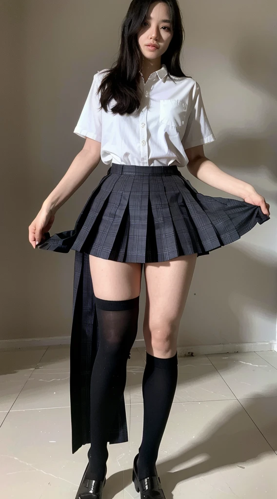 a beautiful young girl in a masterpiece, (photorealistic:1.2), beautiful lighting, thigh highs, black skirt, detailed face, extremely detailed eyes and face, longeyelashes, beautiful detailed eyes, beautiful detailed lips, elegant, serene expression, intricate details, realistic skin texture, soft lighting, dramatic shadows, high quality, 8k