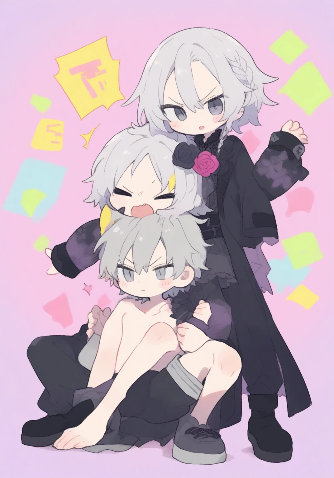 tegaki chibi full body 2boys pastel colors gradient flat chest yaoi gay boys love gothic rose blonde silver hair gray eyes black eyes aesthetic angry