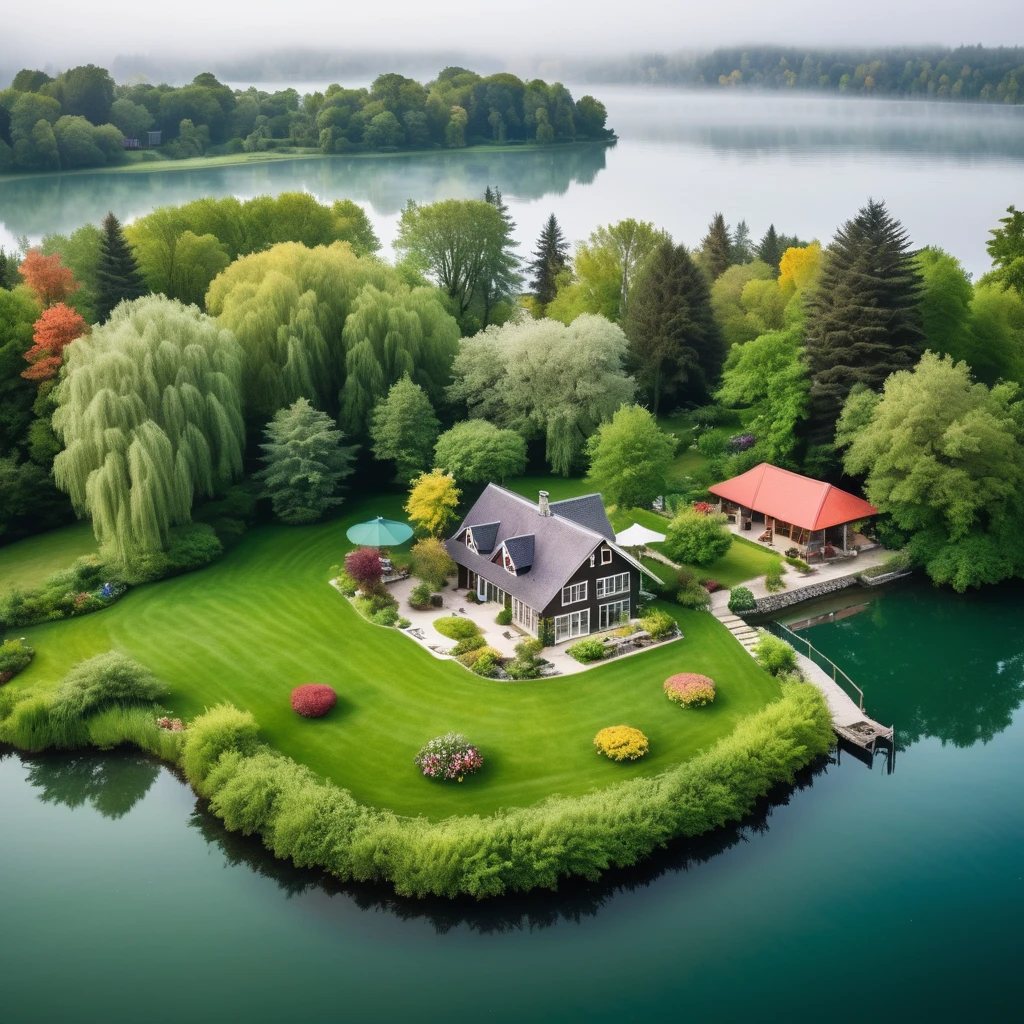 Birds eye perspective shot of A cottage house with lush green grass and colorful garden, built on island lake with crystal water, covered in mist
