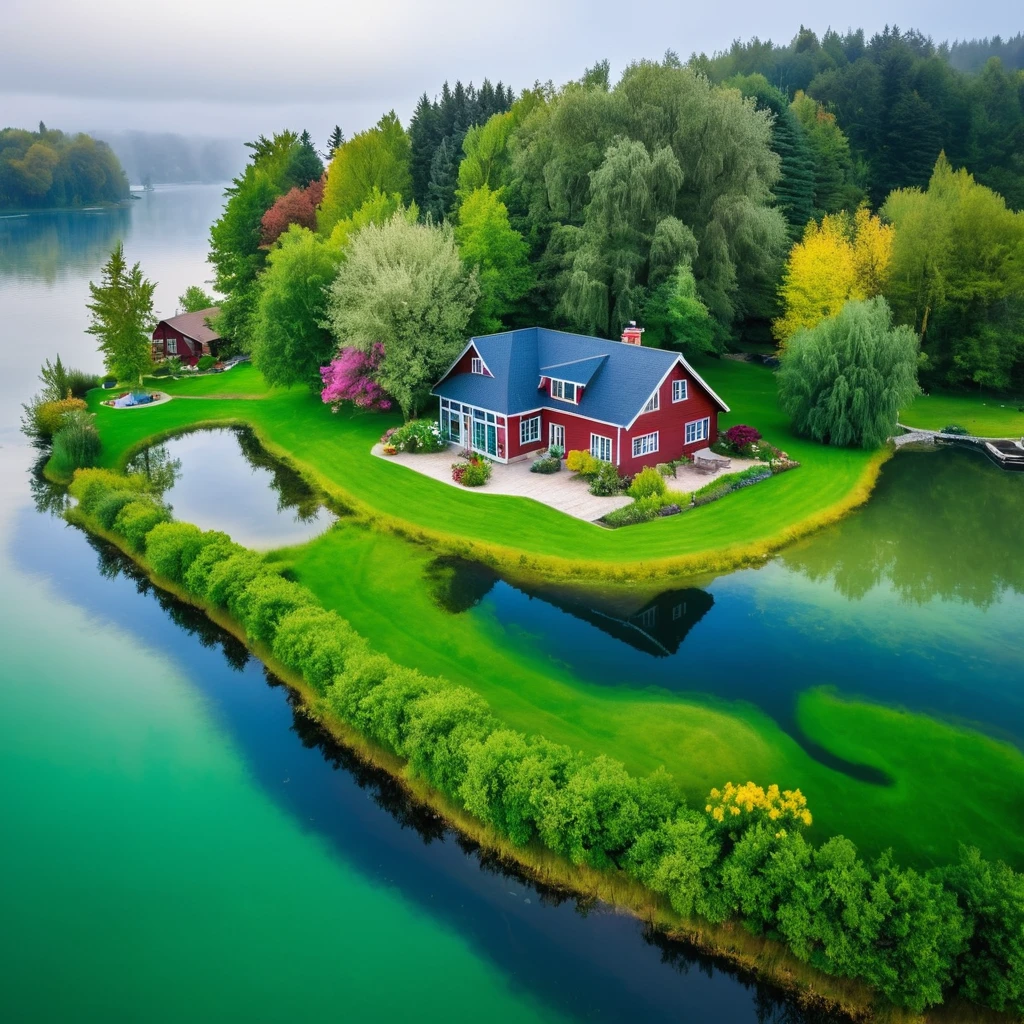 Birds eye perspective shot of A cottage house with lush green grass and colorful garden, built on island lake with crystal water, covered in mist