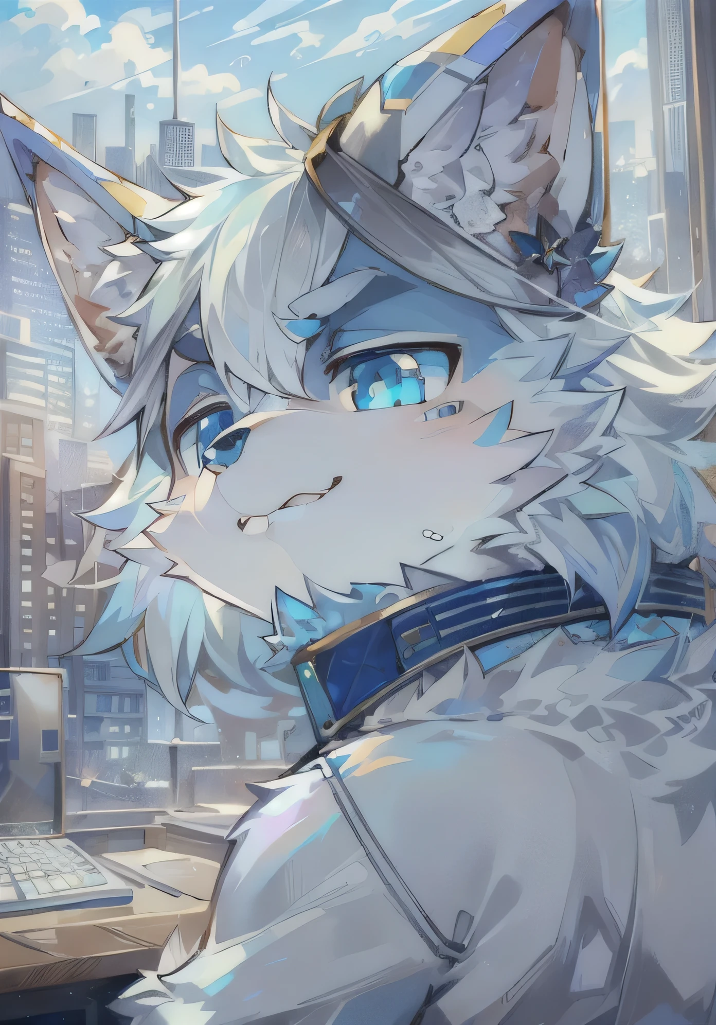 masterpiece, high quality, H, number \(artwork\), , Yes,（Lovely:2)Seizan,(Fluffy fur:1.1),Plush tail,(bright:0.8),Shota Wolf. (blue eyes,Blue and white fur, Body hair:2, Cat nose:1.2), bright eyes,panoramic,character focus.Detailed background,(City,Workplace,serious),(indoor,Large desk)