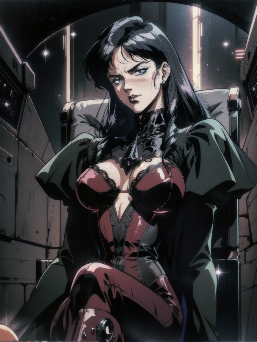 ((((retro anime)) of a gothic vampire piloting a gothic ruby mech)), (from below), close-up, (fisheye), ((gothic (control panels) everywhere)), (()), ((vampiric)), (iridescent bodysuit), lace accessories, dark big lips, ((baroque pilot seat)), ((leaning back sitting pose)), ((elegant)), (((serious tone))), futuristic, top spacecraft control panel, ((dark place)), ((low-light)), intricate control panel details, 1990s (style),  [blushing], sweat, masterpiece, claustrophobic, sparkles, limited colors