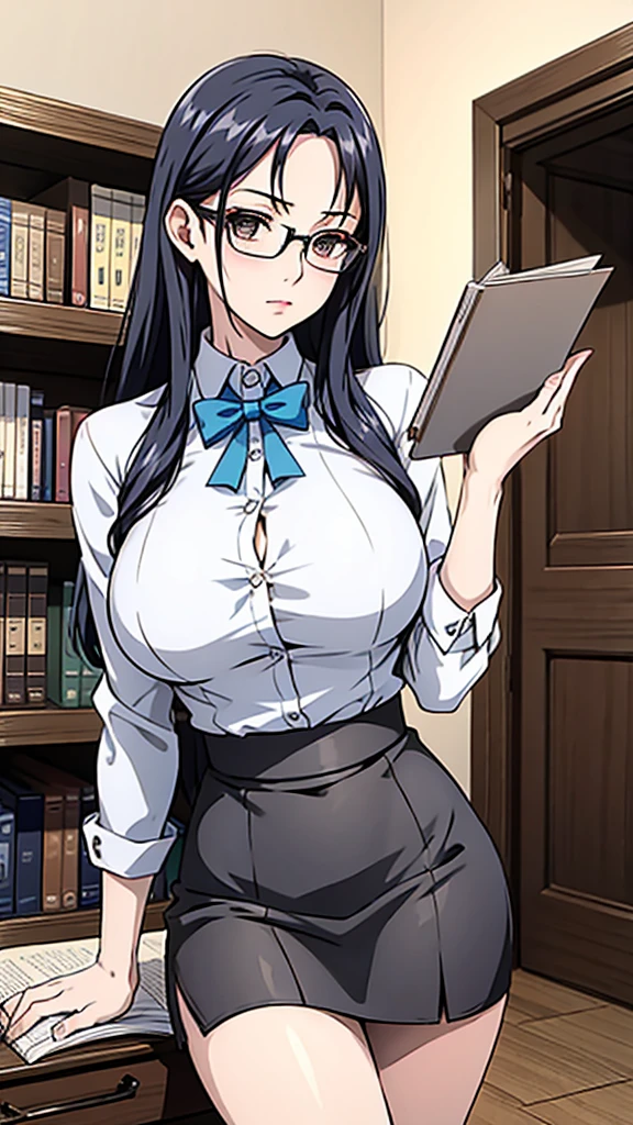 Misako, grey mini rock, white shirt, grey jacket, black stockings, high heels, adult, 35 years old, beautiful women, blue hair, office, glasses, brown eyes, beautiful brown eyes, strict gaze, serious expression,slim body, clipboard in hands, masterpiece, antique office background, bookshelves,