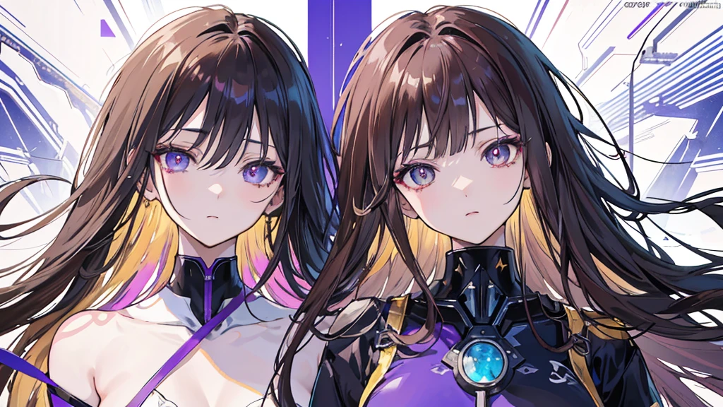 （（Anime Woman）），（（Dark atmosphere））, （（Purple colored scheme and vibe））,（gold and purple clothing），( ( golden colored in the right eye) ) ( (dark gray eye in the left eye) ) ( ( star-shaped pupil in the left eye) ), ( ( dark brown hair in the half right side of hair) ), ( (light brown hair in the half left side of hair ) ), ( (split dyed hair ) ) Cangcang, style of anime4 K, detailed image of an anime woman, a beautiful anime image, Stunning anime half body image, image anime woman,, 4K anime wallpaper, Anime art wallpaper 8 K, Portrait of an anime woman, star shaped eye pupil, white colored eye pupil——Anime woman half body, standing anime woman image, cyberpunk, futuristic, dark futuristic vibe
