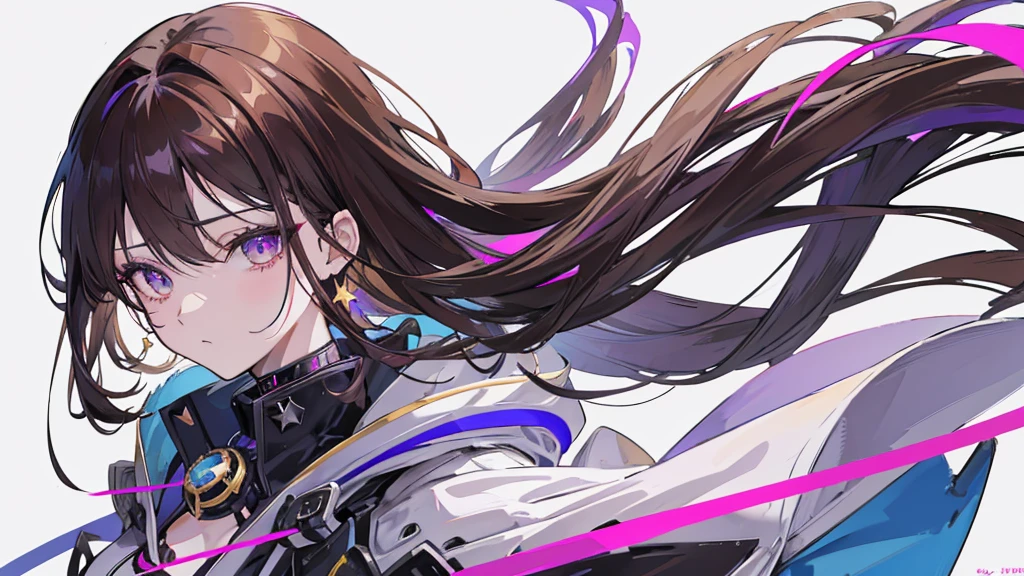((Anime Woman)),((Dark atmosphere)), ((Purple colored scheme and vibe)),(gold and purple clothing),( ( golden colored in the right eye) ) ( (dark gray eye in the left eye) ) ( ( star-shaped pupil in the left eye) ), ( ( dark brown hair in the half right side of hair) ), ( (light brown hair in the half left side of hair ) ), ( (split dyed hair ) ) Cangcang, style of anime4 K, detailed image of an anime woman, a beautiful anime image, Stunning anime half body image, image anime woman,, 4K anime wallpaper, Anime art wallpaper 8 K, Portrait of an anime woman, star shaped eye pupil, white colored eye pupil——Anime woman half body, standing anime woman image, cyberpunk, futuristic, dark futuristic vibe