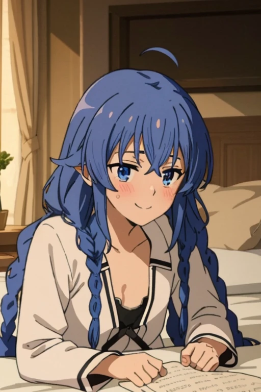 (masterpiece, best quality), music, 1 girl, solitary, Smile, blush, Double braid, long hair, Blue Hair, garlic,  blue eyes, pajamas，indoors, Lying in bed, Small Breasts,  Everlasting,  looking at the audience, Barefoot，Those who don't wear shoes，