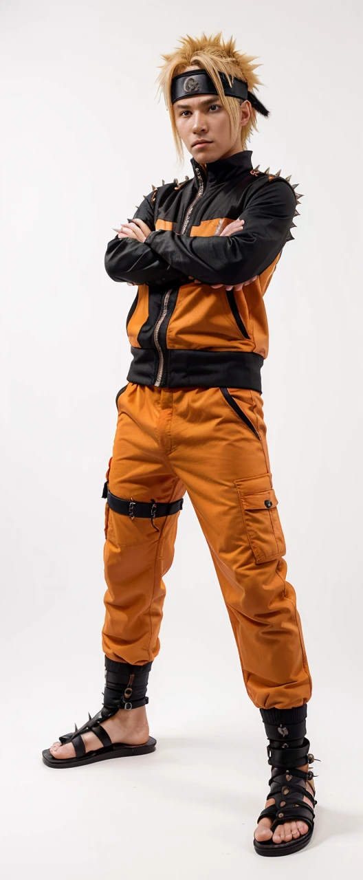 Create a realistic live-action image of Naruto Uzumaki. Naruto is a young ninja around 16 years old, with spiky blond hair. He wears a black headband with a metal plate that has a leaf symbol. His face has whisker-like marks. Naruto is dressed in an orange jacket with black details and a central zipper, orange pants, and black ninja sandals that expose his toes. He is standing with his arms crossed, in a confident and determined pose.