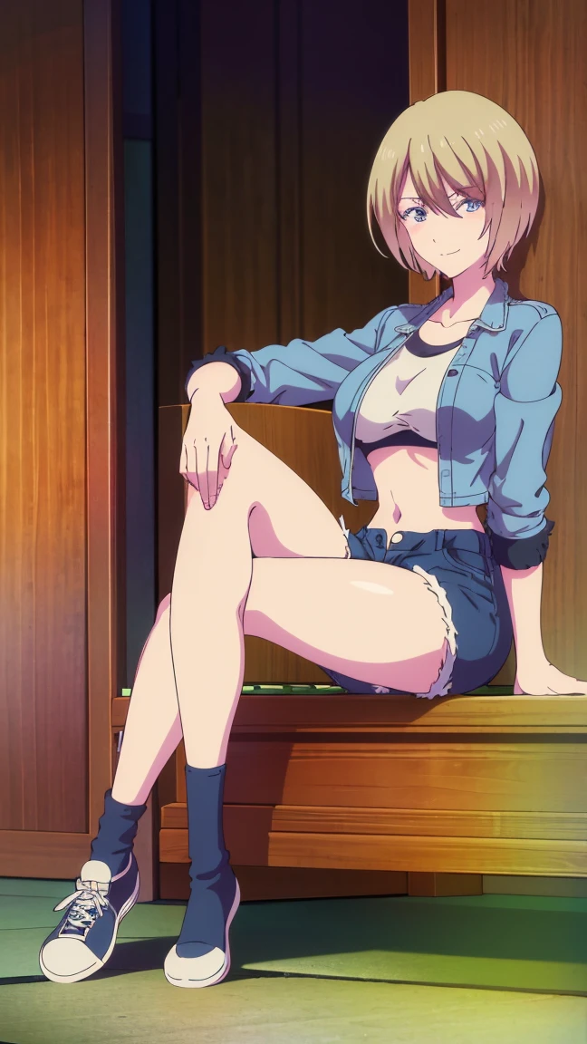 masterpiece, best quality, highres, akane hououji,full body,1girl, solo, short hair, blonde hair, blue eyes,smile ,seductive,crop top, black denim jacket,jean shorts, midriff, underboob,open jacket,closed toe shoes,matching shoes,same shoes,crossed legs, sitting,big breasts, medium waist, wide hips, medium thighs, good anatomy, good hands, legs,good legs,good feet