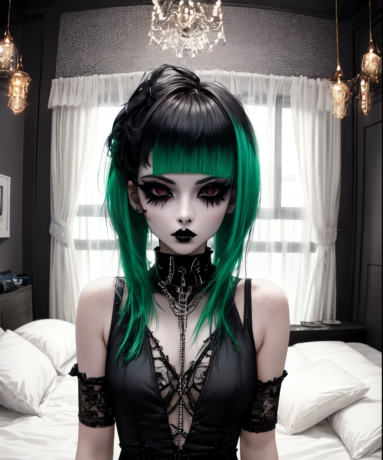 bce, 1girl, green hair, black eyes, asymmetrical hair, bedroom, goth, goth makeup, smoky eyes, eyeshadow, eyeliner, flat bangs, upper body view, breasts, goth bedroom