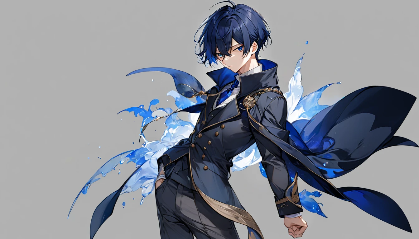 Male, anime, hero, dark blue coat, short blue hair,standing pose, no background , high quality, dark grey pants