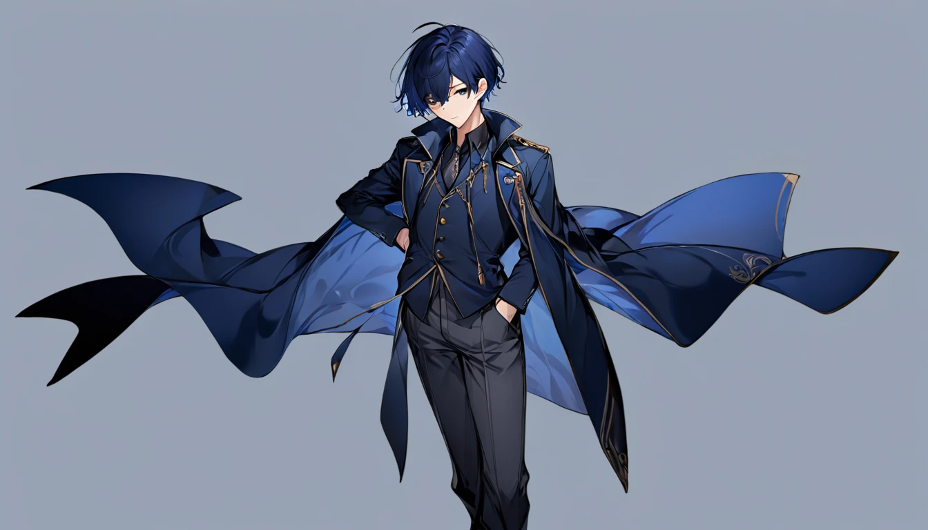 Male, anime, hero, dark blue coat, short blue hair,standing pose, no background , high quality, dark grey pants