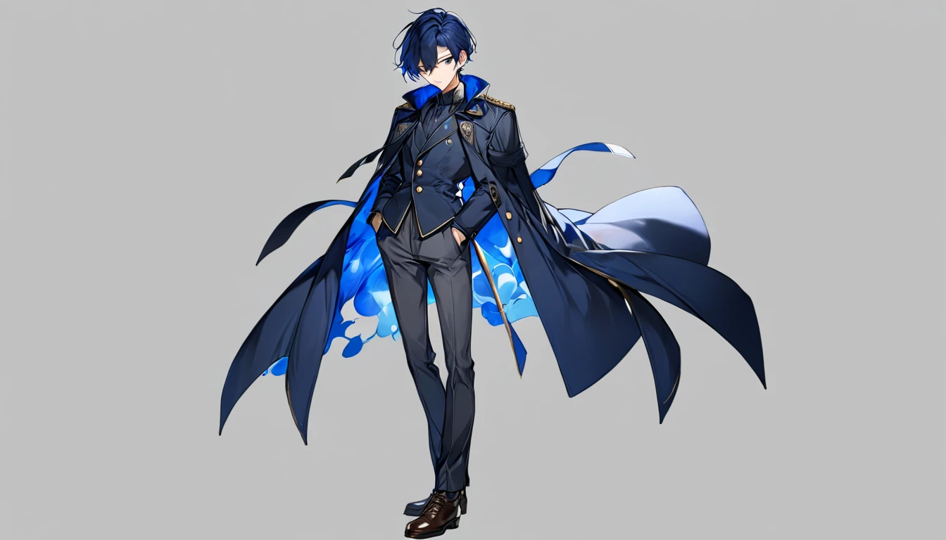 Male, anime, hero, dark blue coat, short blue hair,standing pose, no background , high quality, dark grey pants