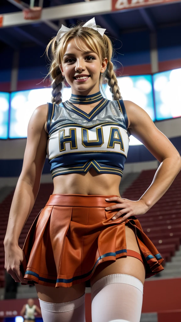 Britney Spears, (masterpiece, perfect eyes, photorealistic, intricate details, hi-res, 8k) portrait of girl standing at a basket ball game on court, soft even lighting, 20 years old, beautiful woman, looking at viewer, full body view, brown eyes, pale blond hair, ((shiny red and silverskirt and shirt)), (dress as a cheerleader) . high thigh stockings with belts and garter, top shows a nice cleavage, small perky breasts, sexy pose, (lots of ghetto tattoos all over her arms and legs and chest and stomach), wide hips, large thighs gap, very small shoulders, twintails, shy smile, red lipstick, shy smile, navel piercing, jewelry, bracelets, Quick Catliner, cute eye liner, thin