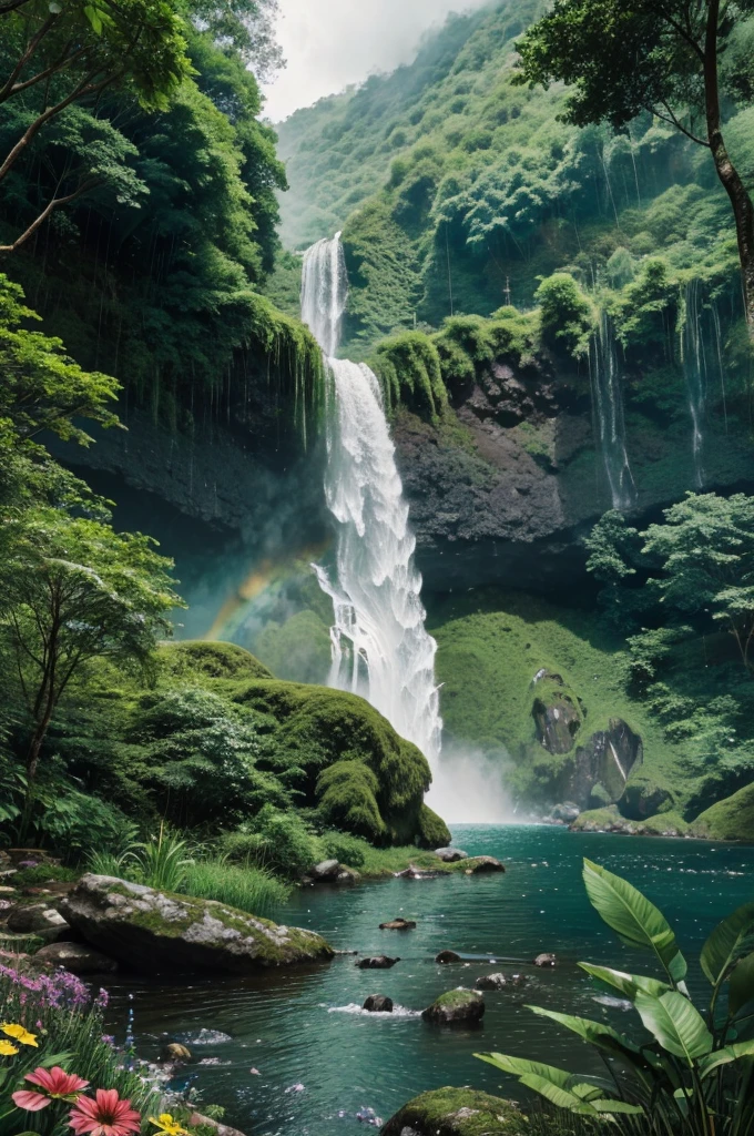 There is a completely green forest and a big waterfall and it is raining heavily and there are colourful flowers and a colourful rainbow in 4K ultra realtics