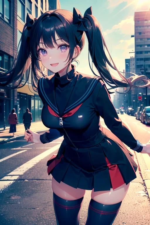 (masterpiece), (HDR), absurdres, (best quality), (ultra high quality), (hi-res), (1girl), (pastel purple eyes), beautiful detailed eyes, detailed eyes, teen, (blue black hair), bangs, short side locks, (big thick twintails), (long straight hair), (two small white hair bows), (small breast), ((dark navy serafuku)), ((red stripe on sailor collar and sleeve cuffs)), (long sleeves), (((no tie, no neckerchief, no bow))), (((zipper down shirt, turtleneck shirt collar))), (zettai ryouiki), (dark navy shirt), (dark navy blue pleated miniskirt), (red stripe at bottom of skirt) , (black thighhighs with red stripe), (thin waist), (thigh gap), (happy expression), smile, crooked tooth, cute, facing camera, (looking at camera), (leaning forward), bend at waist, (cowboy shot), walking, in the city, outside, buildings, sidewalk, daytime, sunlight on face, noon, bright sun, city scenery, crosswalk, birds