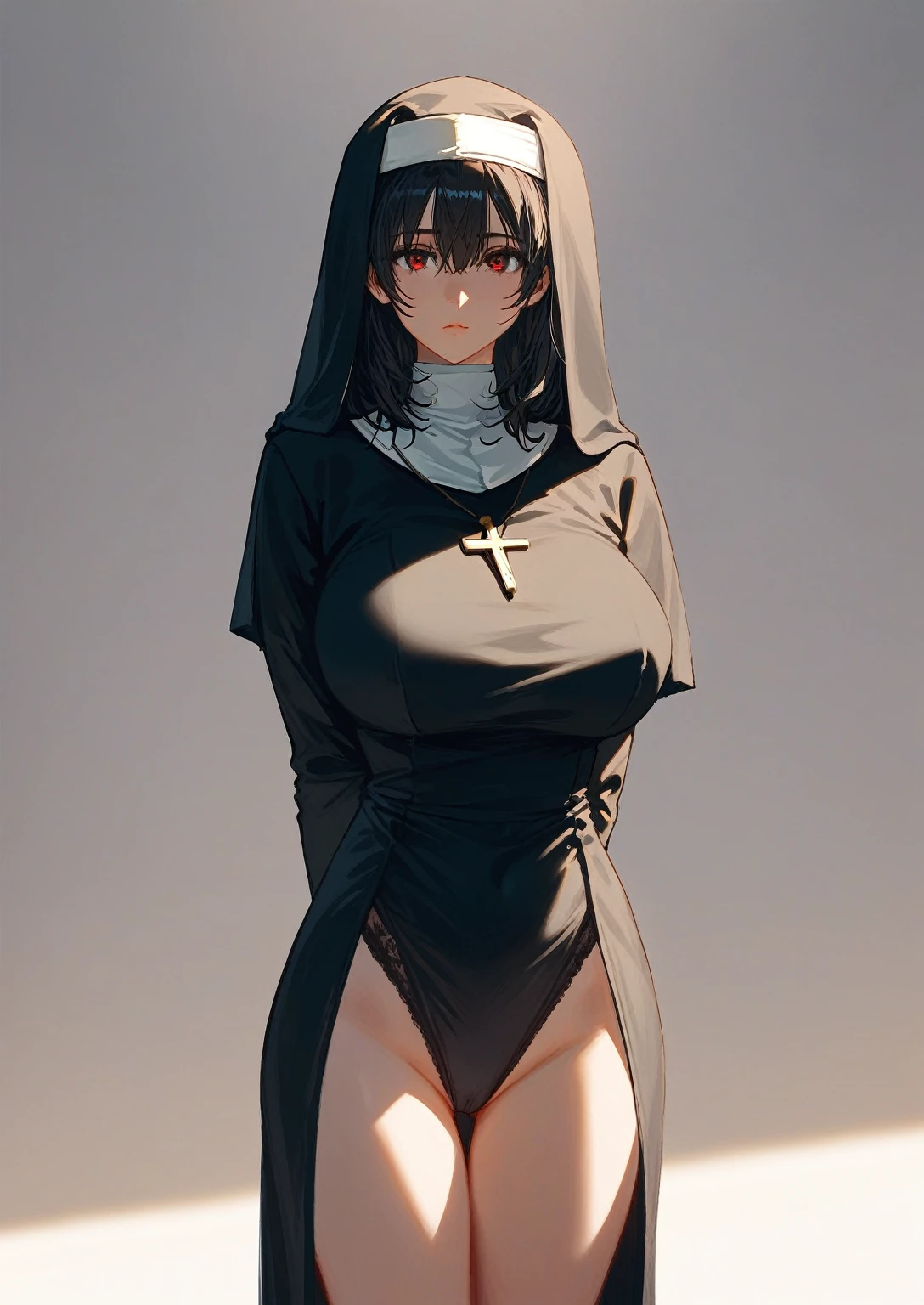 (score_9,score_8_up,score_7_up,score_6_up,score_5_up,score_4_up),1girl,solo, black hair, medium hair, red, big breast, arms behind back, nun uniform, thigh, black panties, thick, white background, standing, very tall, depth of field, masterpiece, best quality, realistic light and shadow, high key lighting, (balanced photo, balanced exposure), view from front, knee to head,