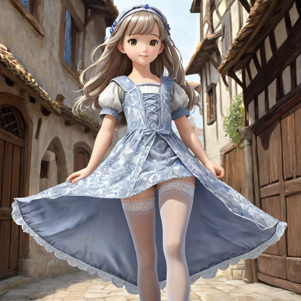 10 year old girl underwear, Realistic panties made of patterned cotton fabric, Medieval one-piece dress with panniers, Fabric Realism, Low Angle, You can see the drawer, Pull up the dress by hand, Strong winds, Translucent slip, Translucent slip, tights, Highest quality, Crotch close-up, whole body
